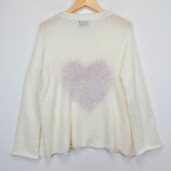 Wooden Ships Heart Sweater S/M Cream Red Mohair Wool Blend Chunky Knit Pullover - Picture 7 of 9